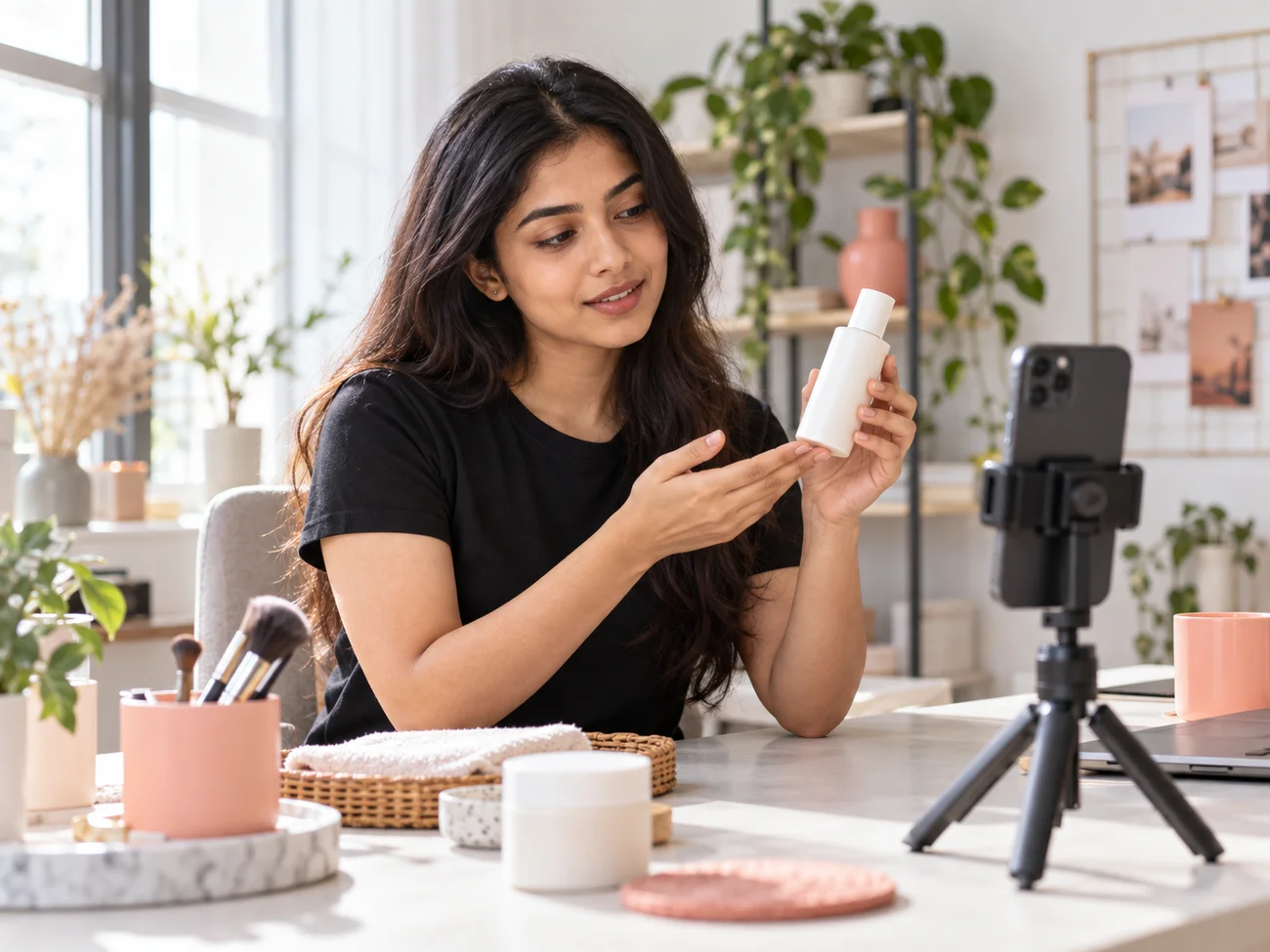 A creator preparing a product video in her studio